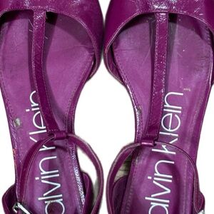 Calvin Klein Pointed Toe T Strap Flats Magenta Leather Dress Shoes Women’s 8.5
